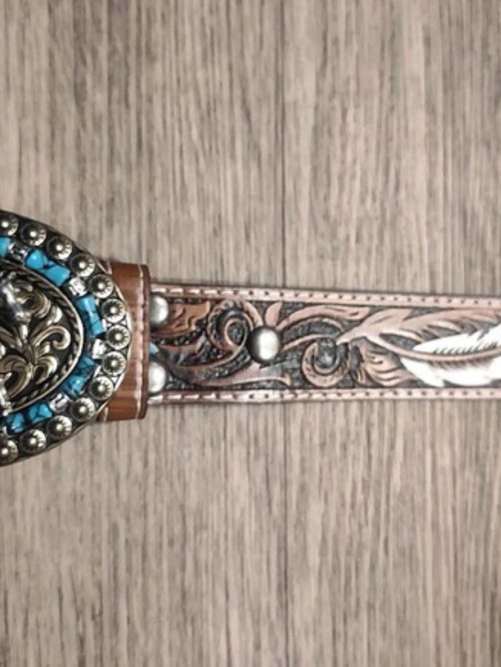 Tooled Leather-Style Turquoise Buckle Belt